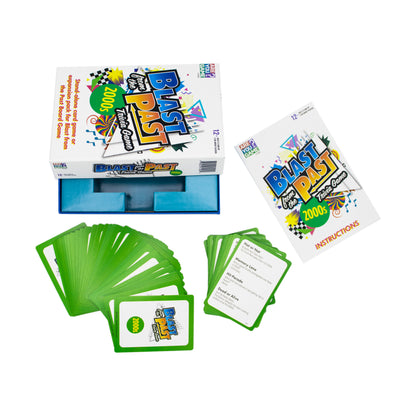 Blast from the Past 2000s Trivia Game Expansion box with blue tray, green trivia cards, and instruction booklet displayed