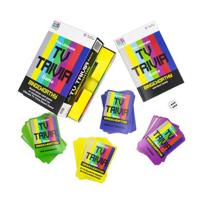 Ultimate TV Trivia Game - Bingeworthy expansion pack displayed with game boxes, colorful card decks in green, yellow, blue, and purple, and a white die