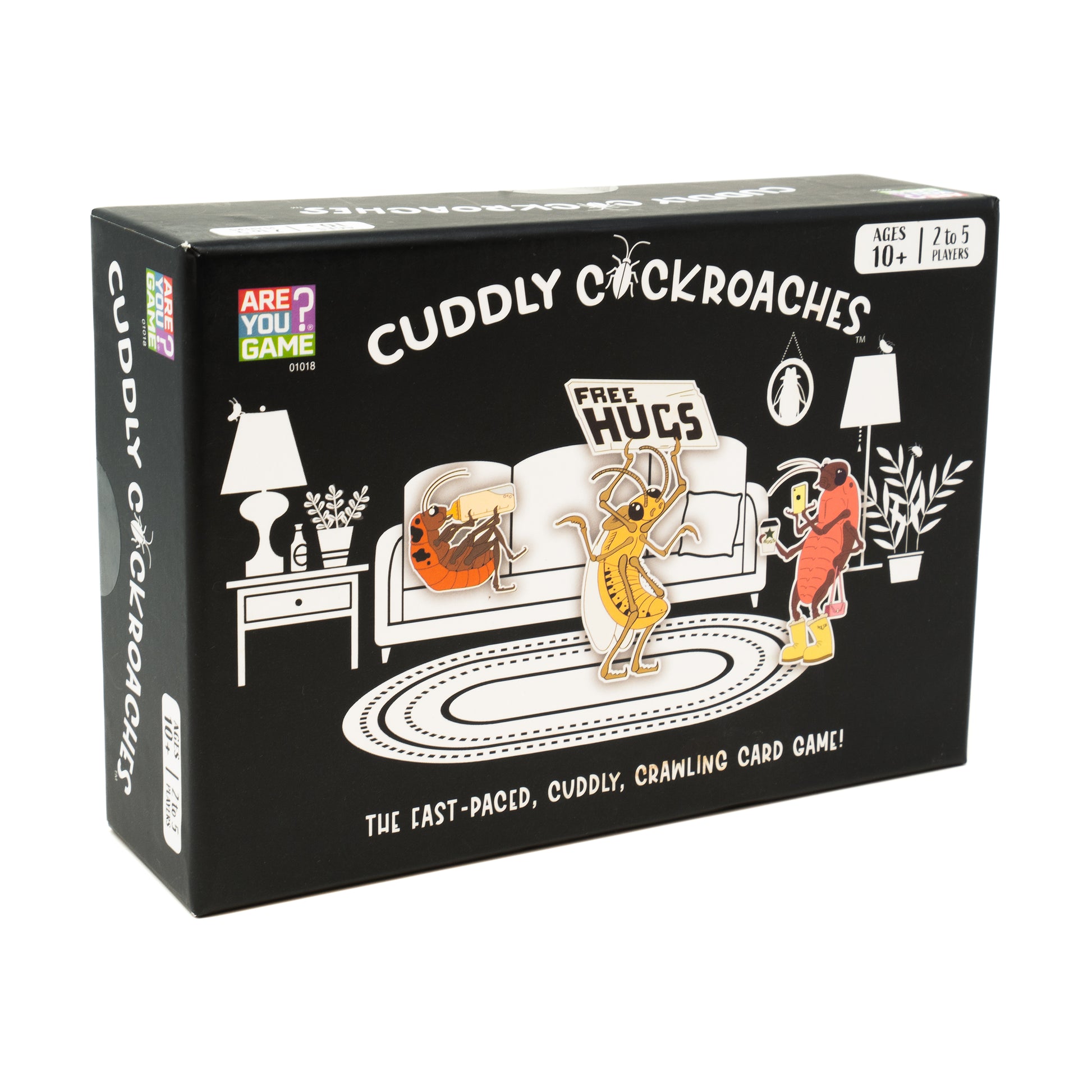 Cuddly Cockroaches board game box featuring illustrated cockroaches in a living room setting, ages 10+, 2 to 5 players