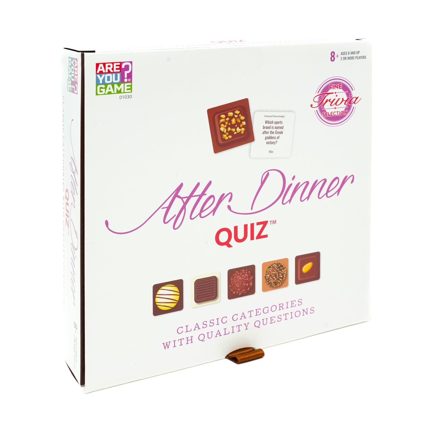 After Dinner Quiz Deluxe Trivia Game box showing product title, Fine Trivia Selection badge, game cards with food images, and classic categories with quality qu