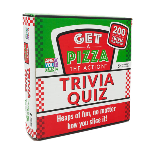 Get a Pizza the Action Trivia Quiz Game box with red and green checkered design, 200 trivia questions, ages 8 and up, 2 to 4 players
