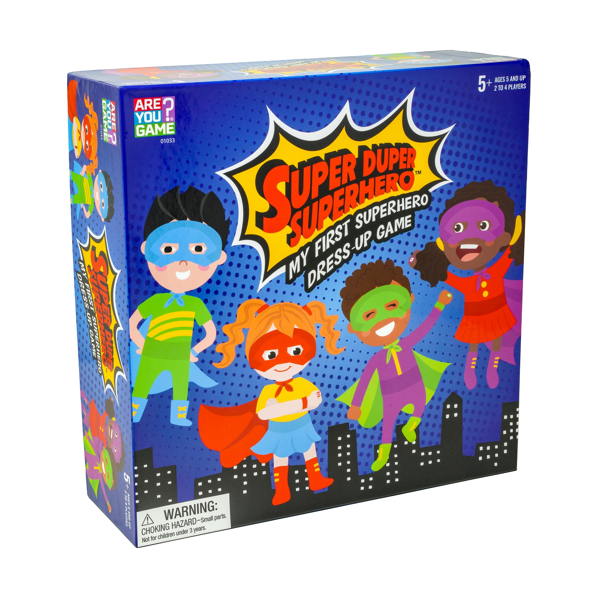 Super Duper Superhero dress-up game box featuring colorful illustrated children in superhero costumes and masks against a blue dotted background with city skyli