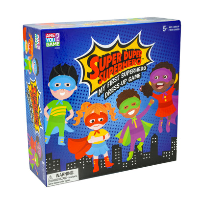 Super Duper Superhero dress-up game box featuring colorful illustrated children in superhero costumes and masks against a blue dotted background with city skyli