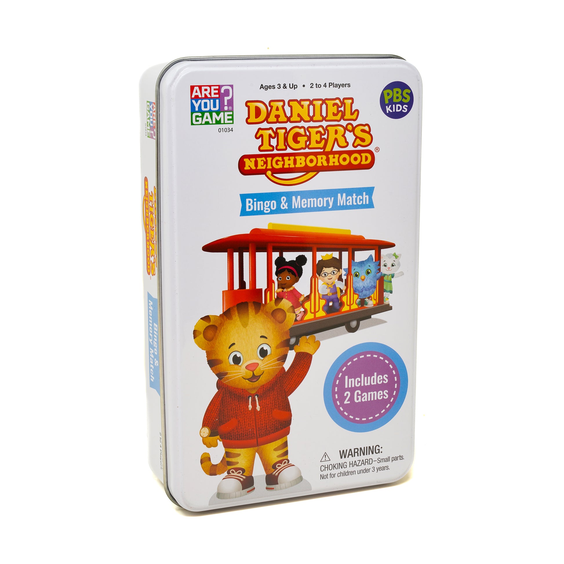 Daniel Tiger's Neighborhood Bingo & Memory Match game tin featuring Daniel Tiger holding a red trolley with characters inside, Ages 3 & Up, 2 to 4 Players, incl