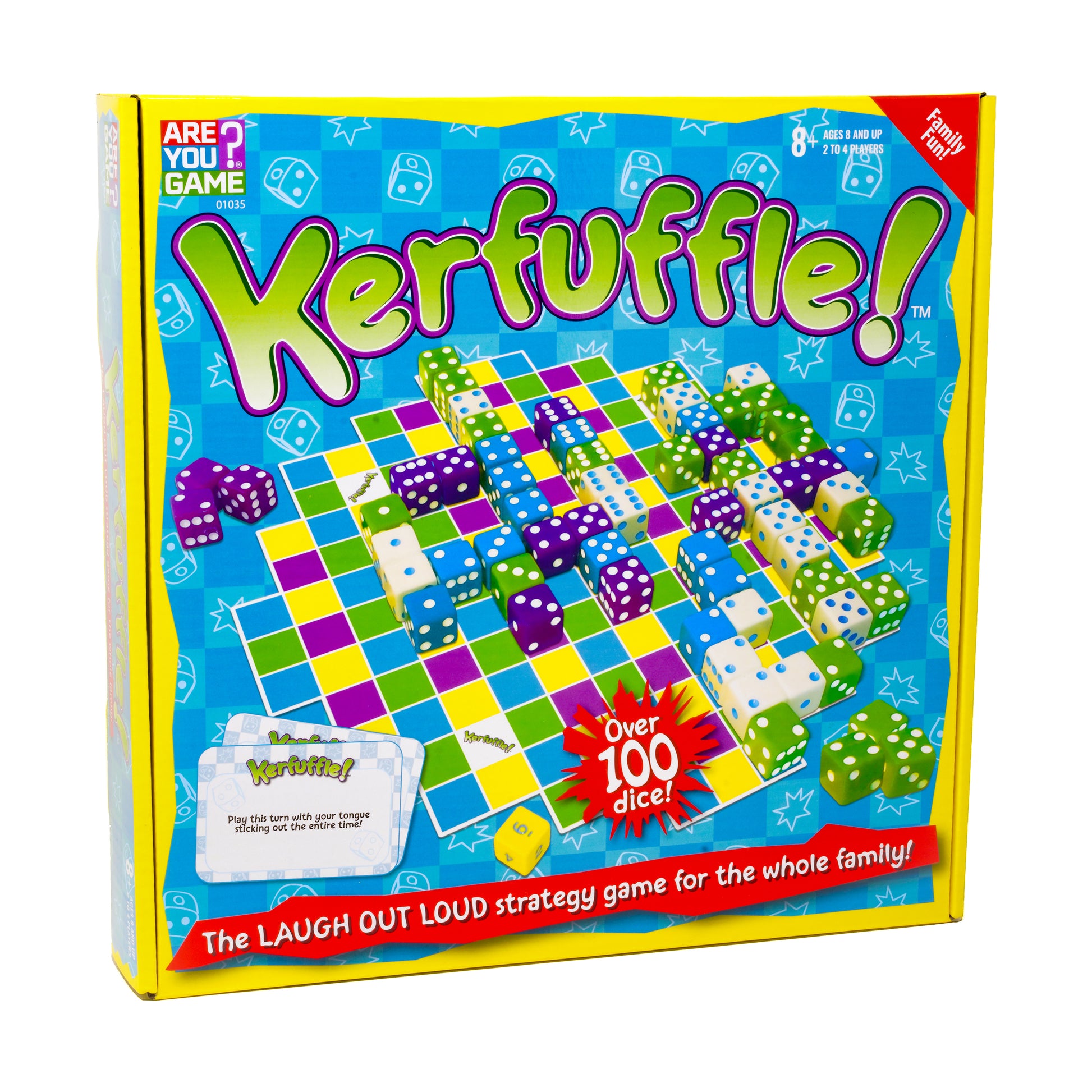 Kerfuffle! board game box showing colorful dice on a checkered game board, ages 8 and up, 2 to 4 players