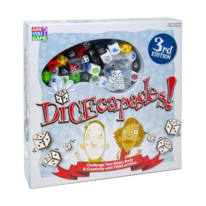 DICEcapades! 3rd Edition board game box showing colorful polyhedral dice in storage compartment, two cartoon characters, and tagline 'Challenge Your Brain, Body
