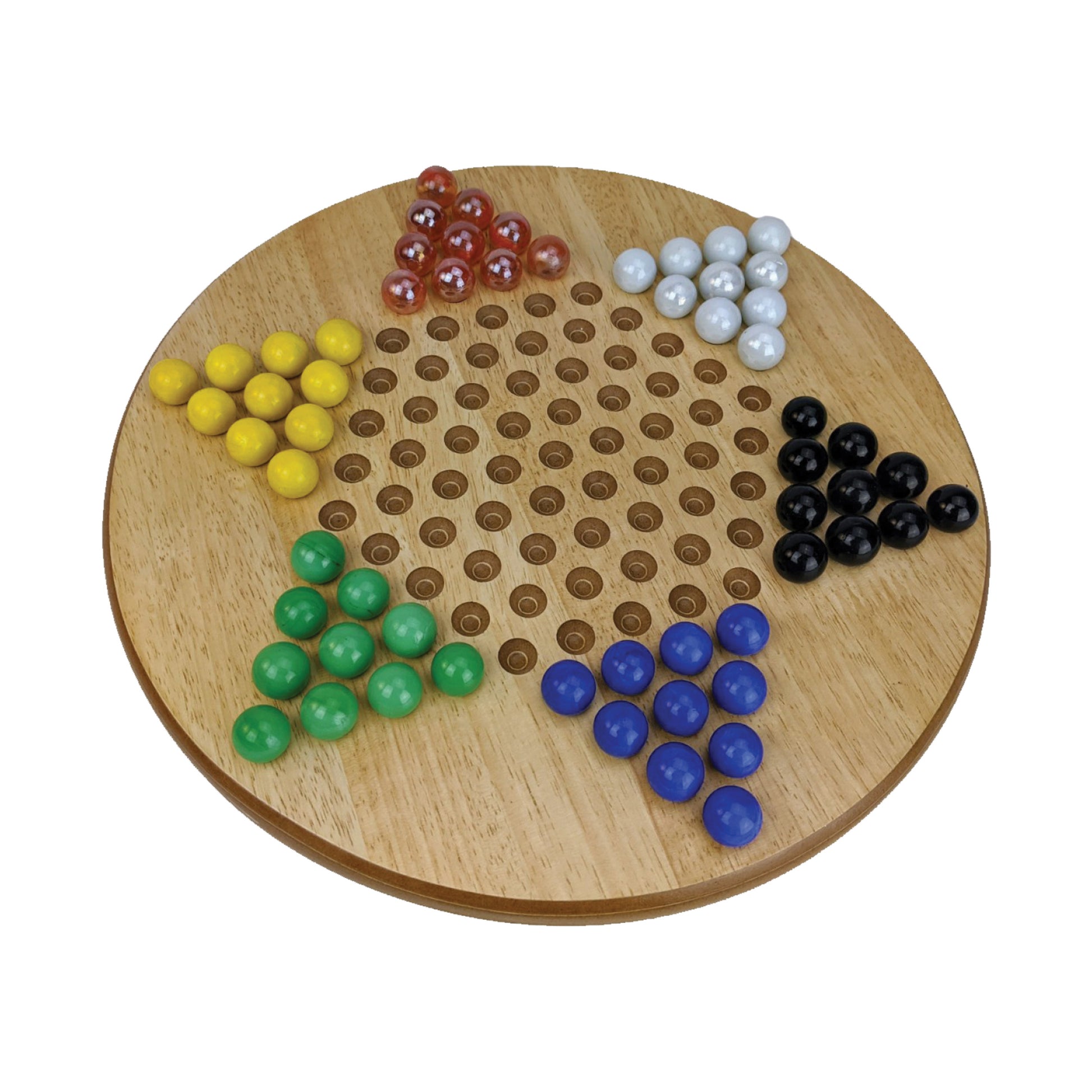 Wooden Chinese Checkers board with colorful glass marbles in red, yellow, green, blue, black, and white arranged in starting positions