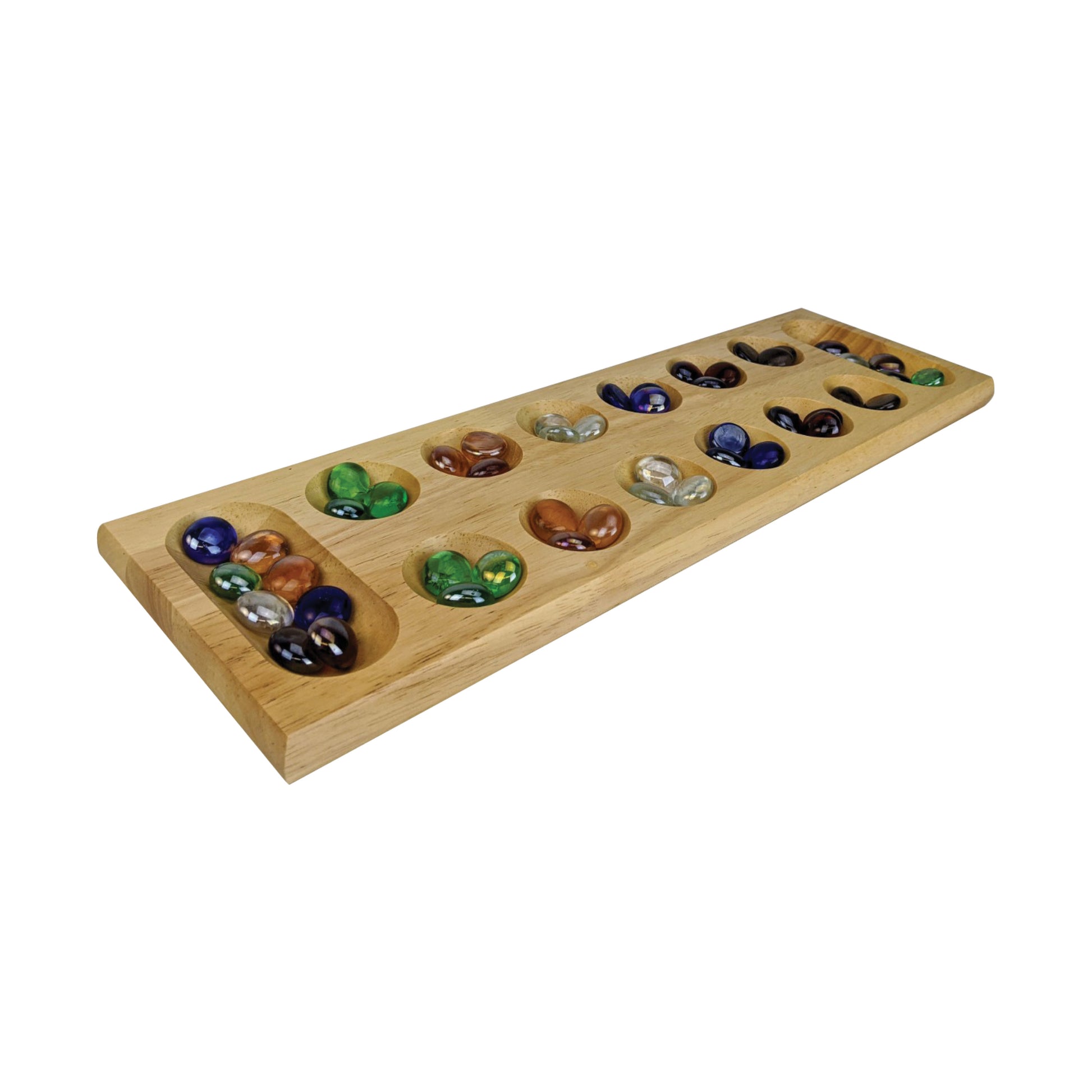 Wooden mancala board with two rows of six cups each containing colorful glass playing pieces in blue, green, brown, and clear