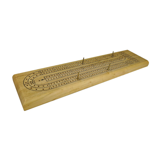 Wooden cribbage board with pegging holes and metal pegs on plain background