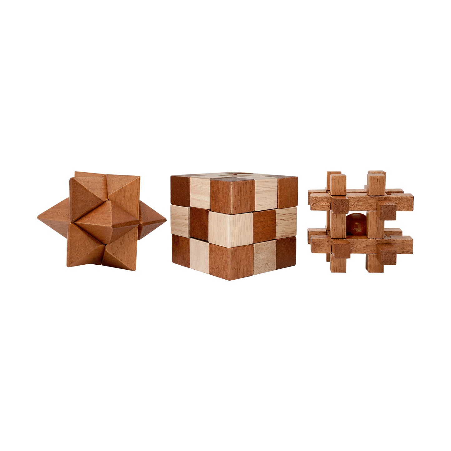 Three wooden brainteasers: a star-shaped puzzle, a checkered cube puzzle, and a cross-shaped interlocking puzzle with a red sphere inside