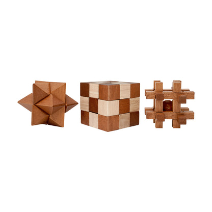 Three wooden brainteasers: a star-shaped puzzle, a checkered cube puzzle, and a cross-shaped interlocking puzzle with a red sphere inside