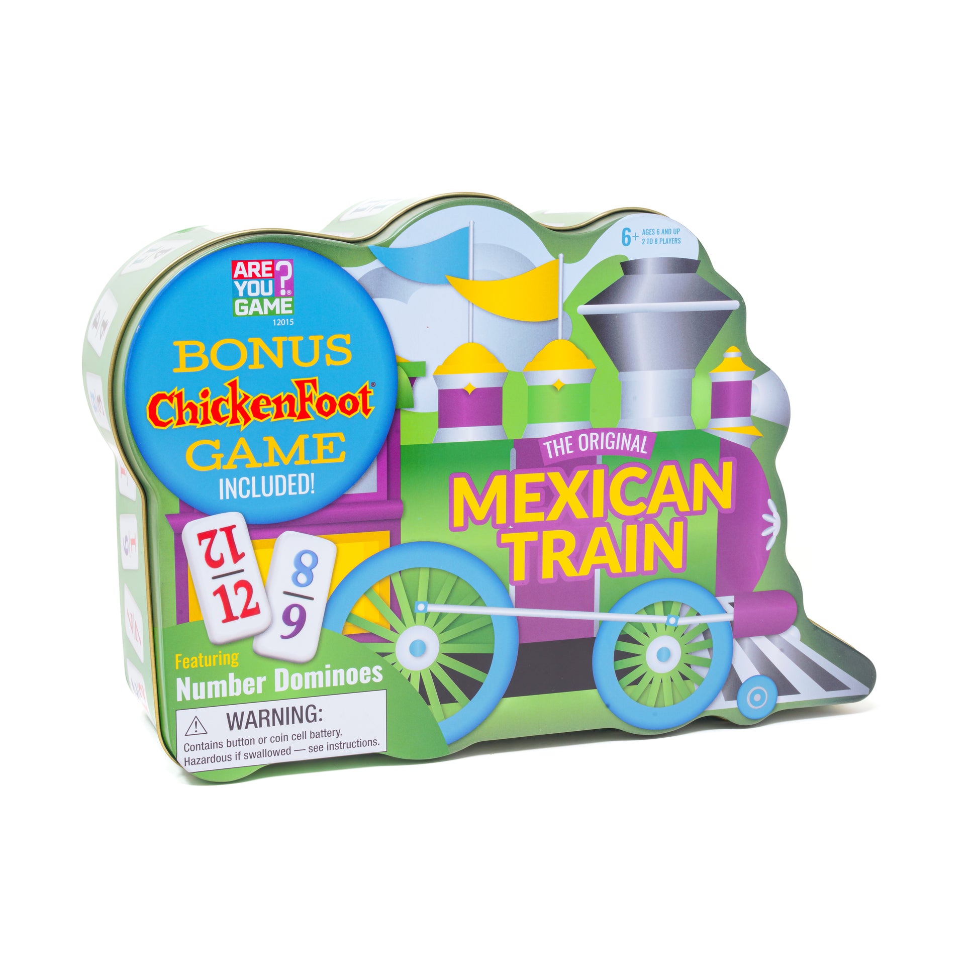 Mexican Train Deluxe Dominoes Set box featuring colorful train imagery, number dominoes, and bonus Chickenfoot game included