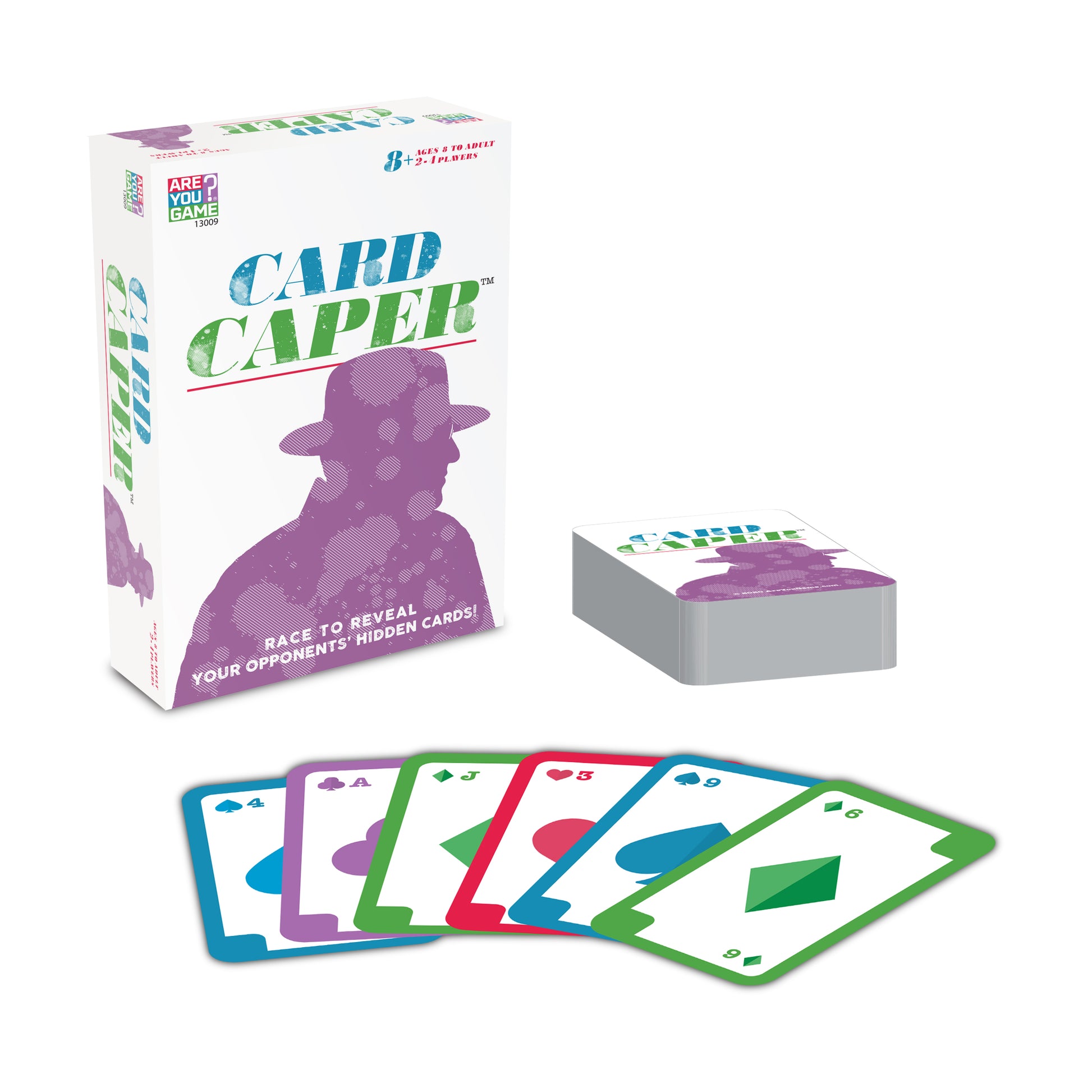 Card Caper Strategic Mystery Card Game box, deck, and colorful game cards with shapes and numbers
