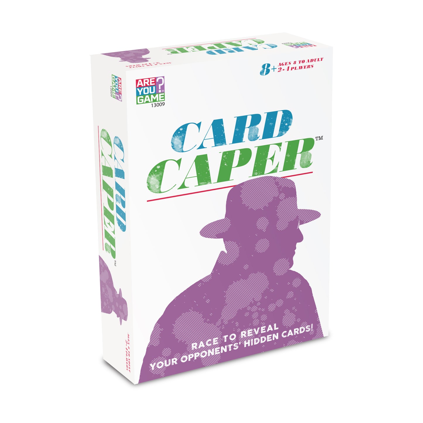 Card Caper Strategic Mystery Card Game box with purple silhouette and blue-green title text