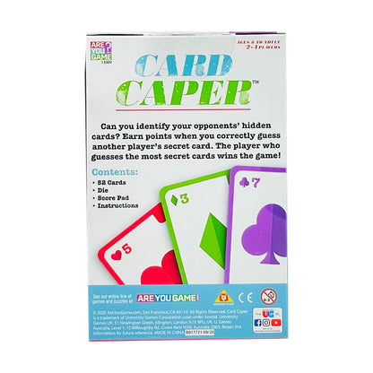 Card Caper Strategic Mystery Card Game box showing colorful playing cards with hearts, diamonds, clubs and spades suits