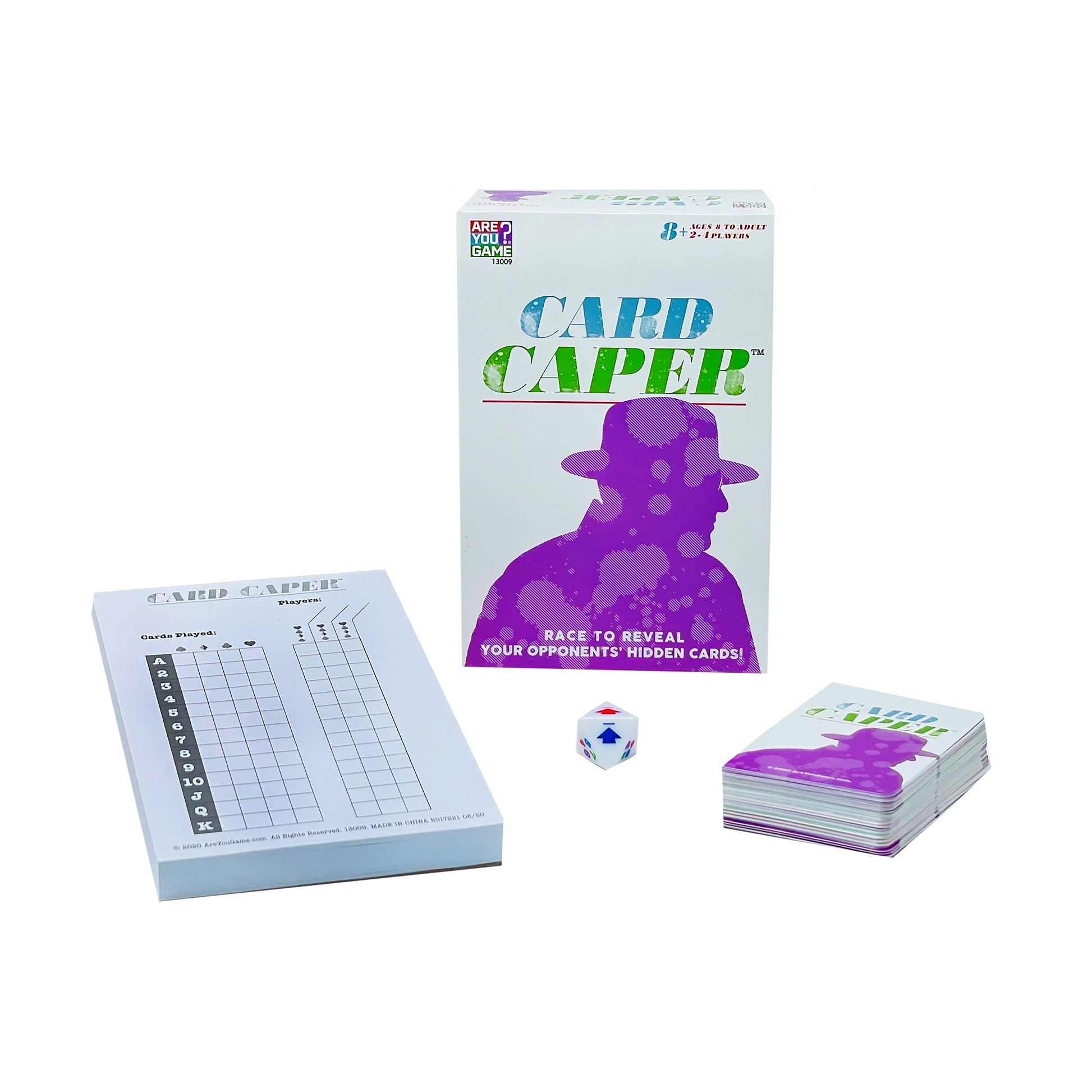 Card Caper Strategic Mystery Card Game with purple cards, dice, and score sheet
