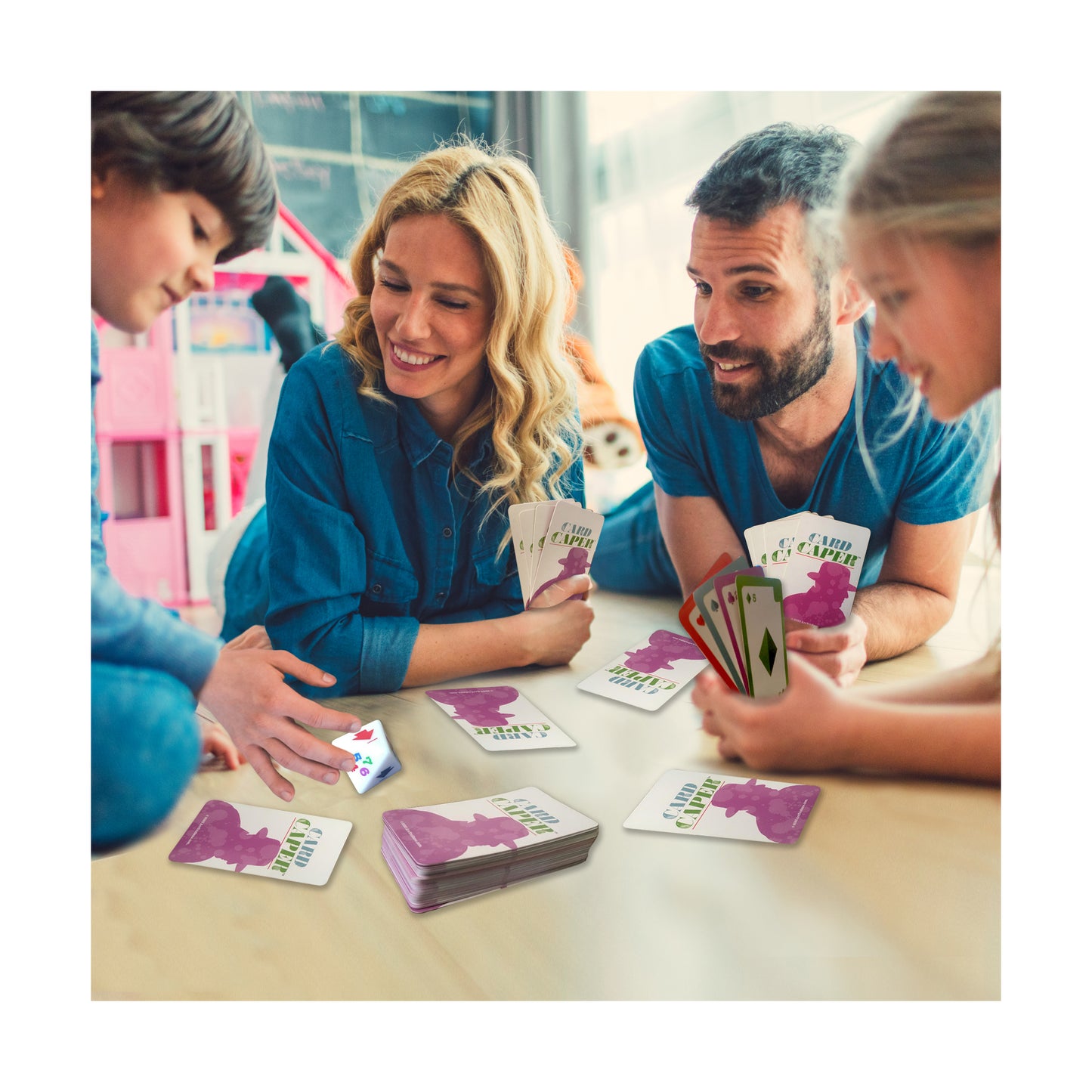Card Caper Strategic Mystery Card Game with purple cards being played by family