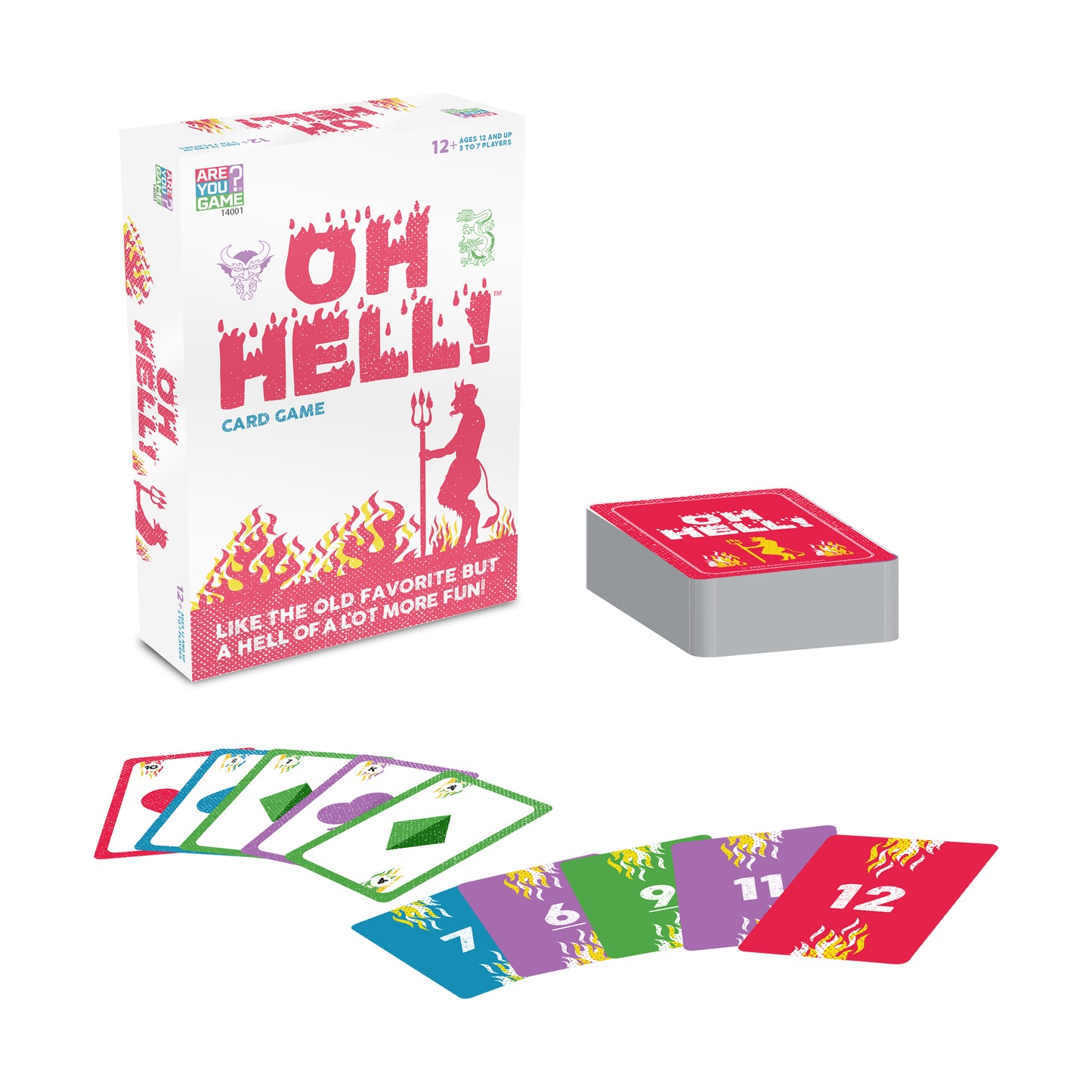 Oh Hell card game box with game cards displayed showing colorful numbered cards in red, blue, green, and purple with flame graphics