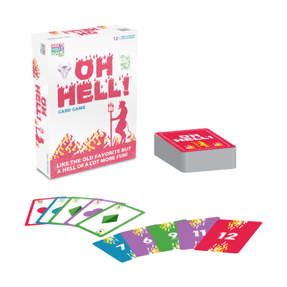 Oh Hell card game box with game cards displayed showing colorful numbered cards in red, blue, green, and purple with flame graphics