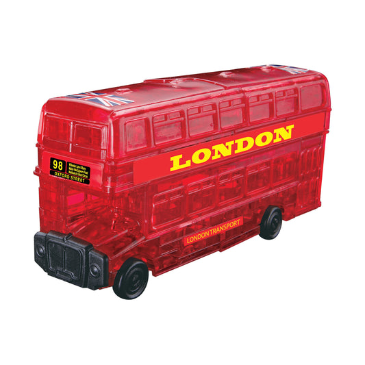 Red double-decker London bus 3D crystal puzzle with yellow "LONDON" text and black wheels on plain white background