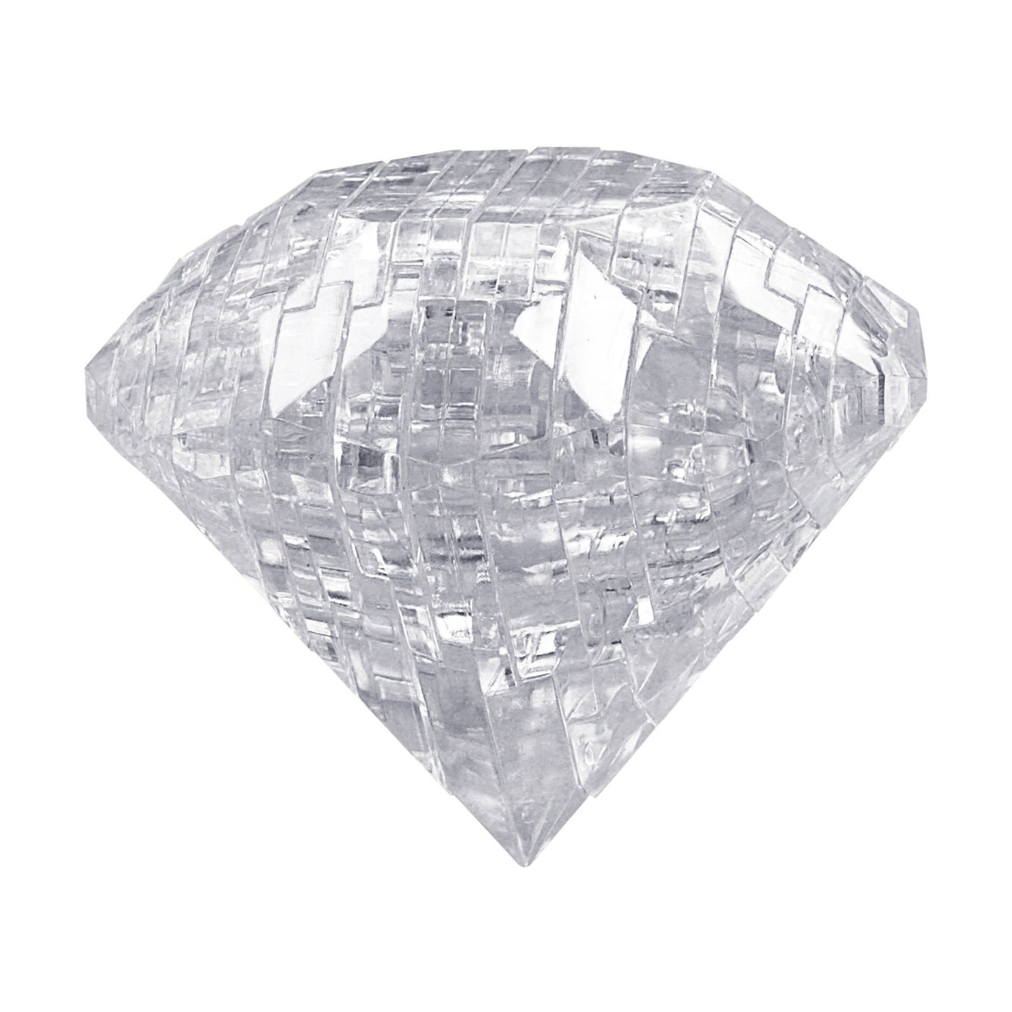 Clear 3D crystal diamond puzzle with interlocking geometric pieces on plain background