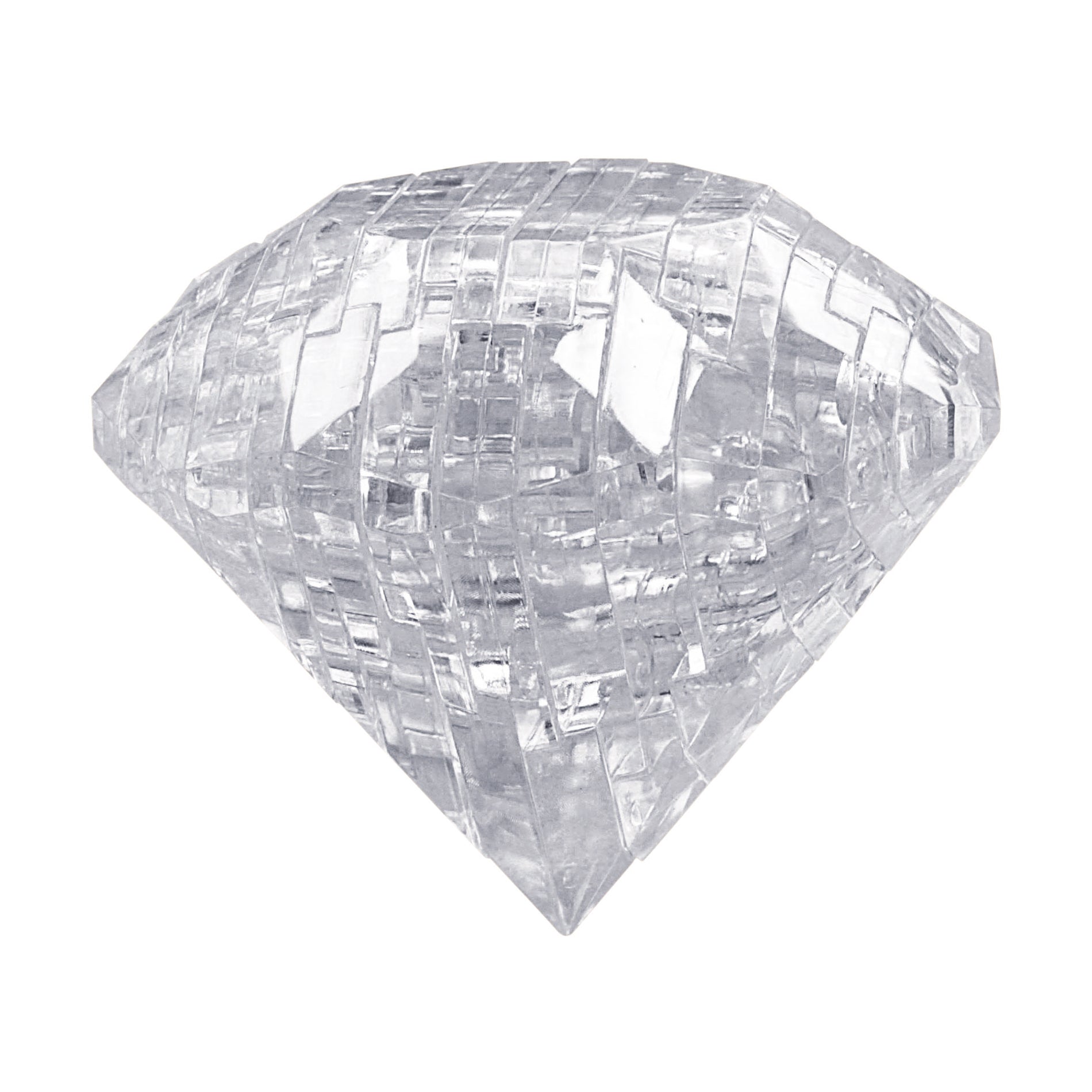 Clear 3D crystal diamond puzzle with interlocking geometric pieces on plain background
