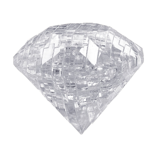 Clear 3D crystal diamond puzzle with interlocking geometric pieces on plain background