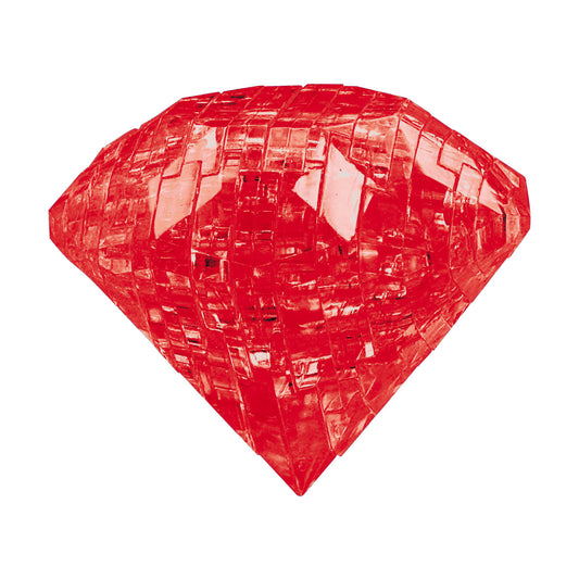 Red translucent 3D crystal puzzle with interlocking geometric pieces, 43-piece assembly puzzle on plain background