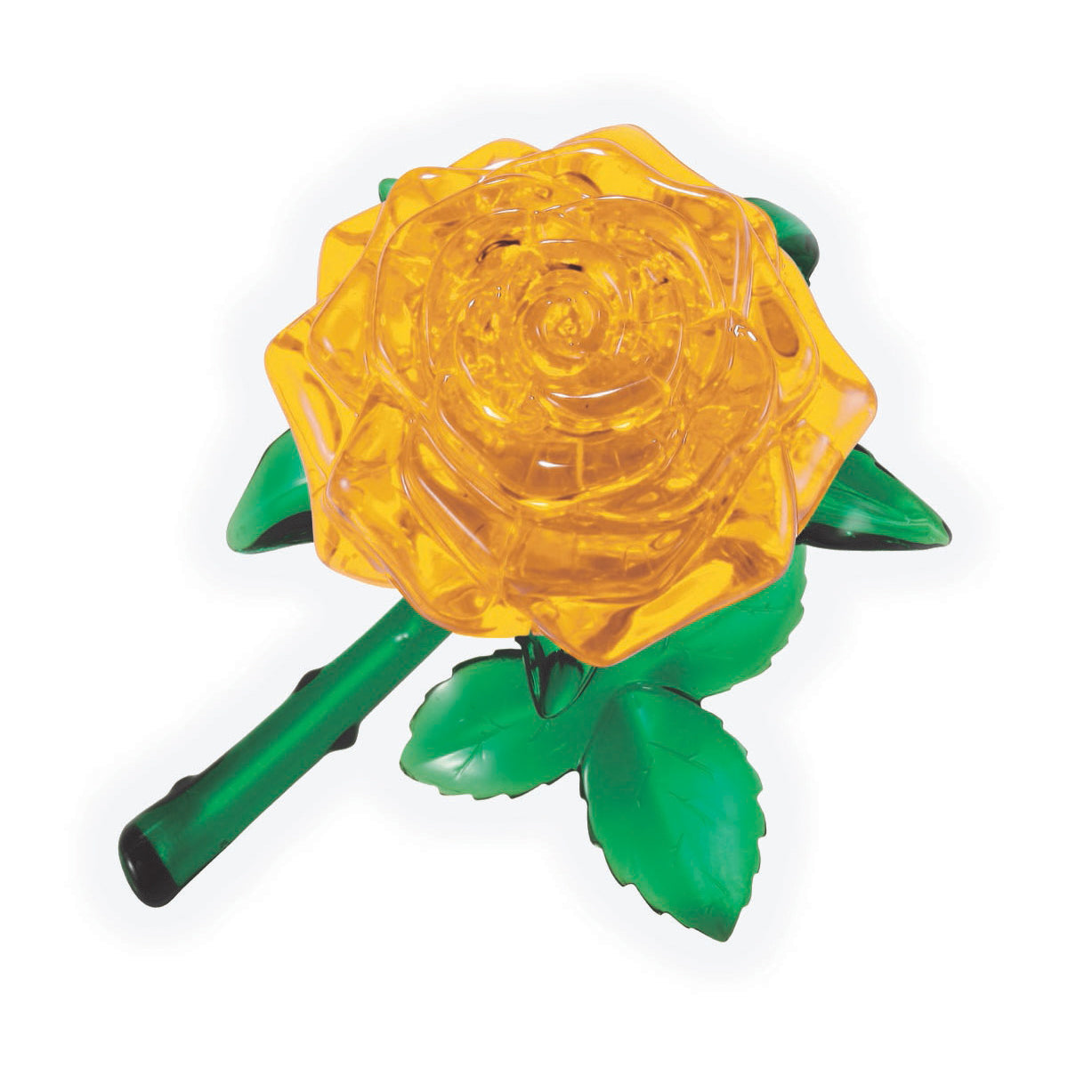 Yellow translucent 3D crystal rose puzzle with green stem and leaves on plain background