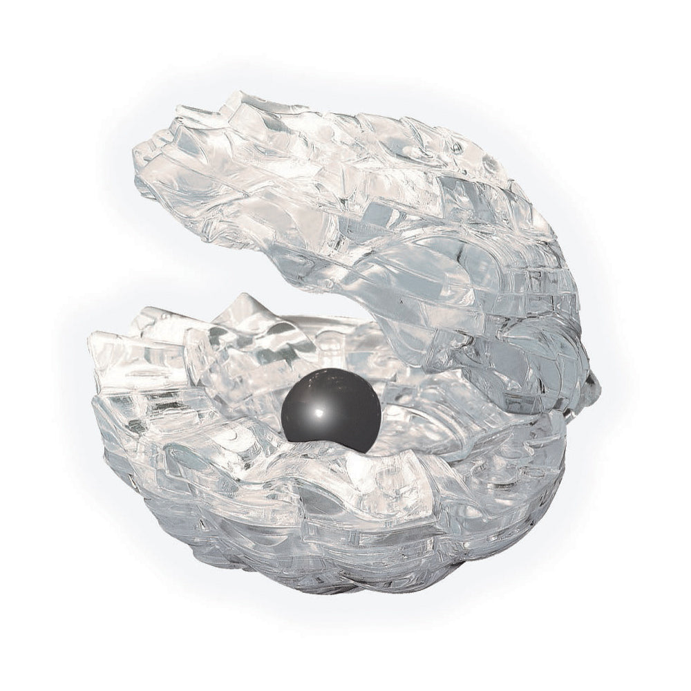 Transparent crystal puzzle with interlocking clear pieces assembled into a shell-shaped form with a dark sphere nestled in the center