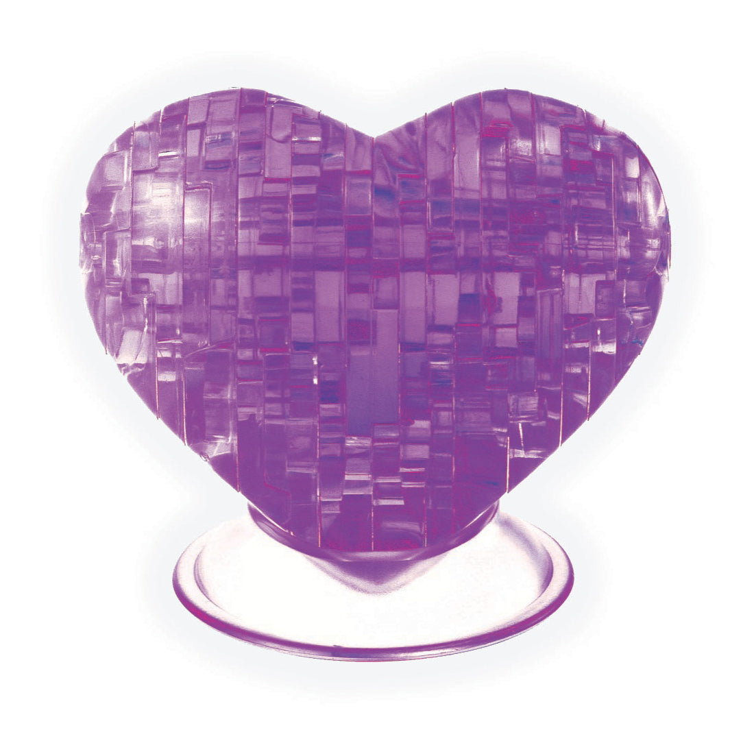 Purple translucent 3D crystal puzzle shaped like a heart with geometric cutout pattern, assembled on white stand