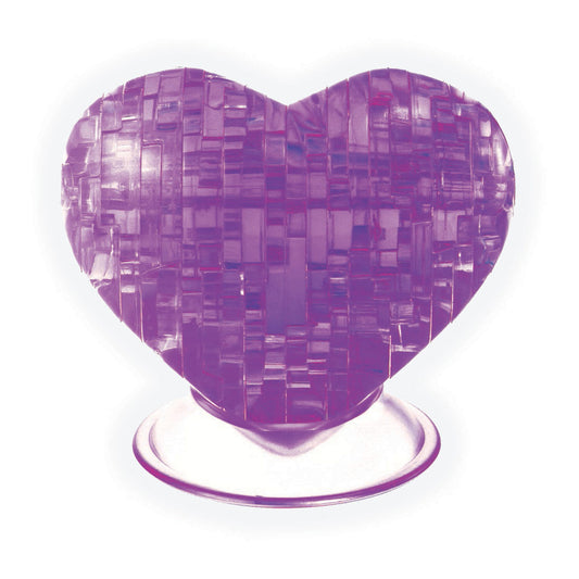 Purple translucent 3D crystal puzzle shaped like a heart with geometric cutout pattern, assembled on white stand