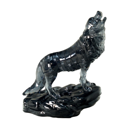Black crystal wolf figurine with segmented body standing on black rocky base, head raised and howling