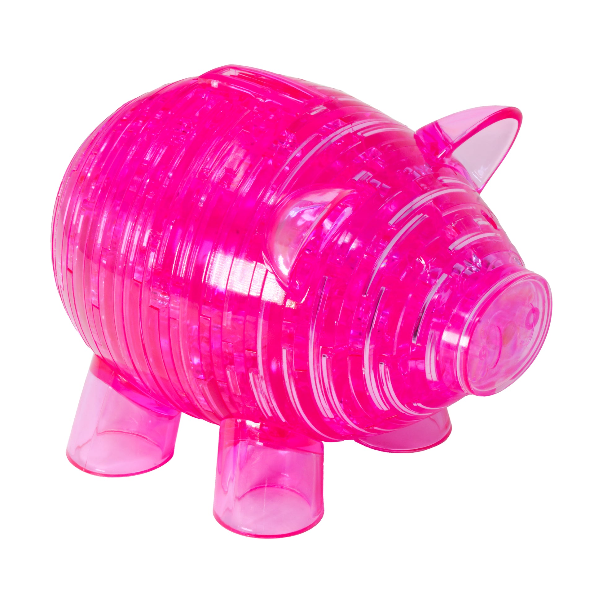 Bright pink translucent 3D puzzle piggy bank with ribbed segments and four cylindrical legs
