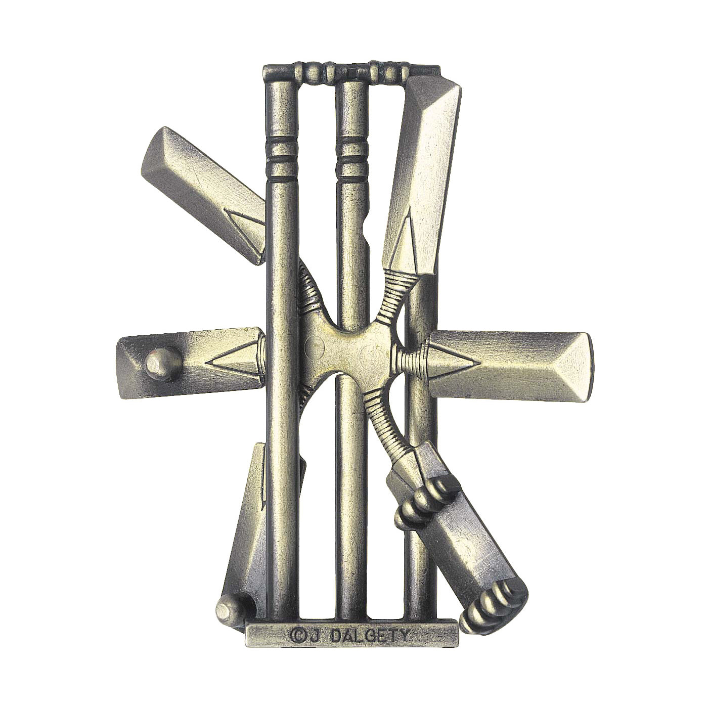 Hanayama Level 2 Cast Puzzle - Cricket Challenge, metal puzzle pieces arranged in a cricket wicket design with bat and ball components