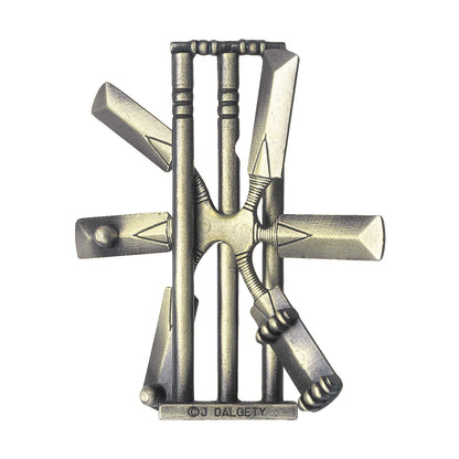 Hanayama Level 2 Cast Puzzle - Cricket Challenge, metal puzzle pieces arranged in a cricket wicket design with bat and ball components