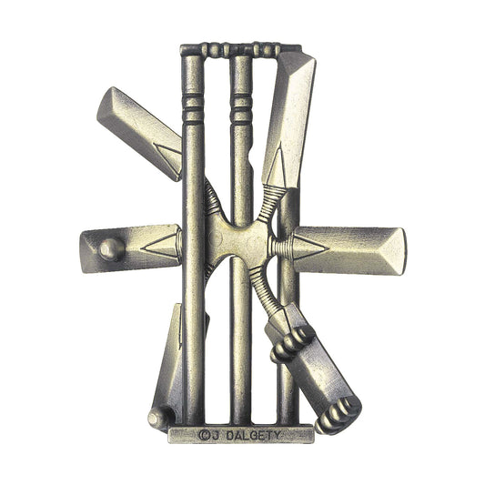 Hanayama Level 2 Cast Puzzle - Cricket Challenge, metal puzzle pieces arranged in a cricket wicket design with bat and ball components