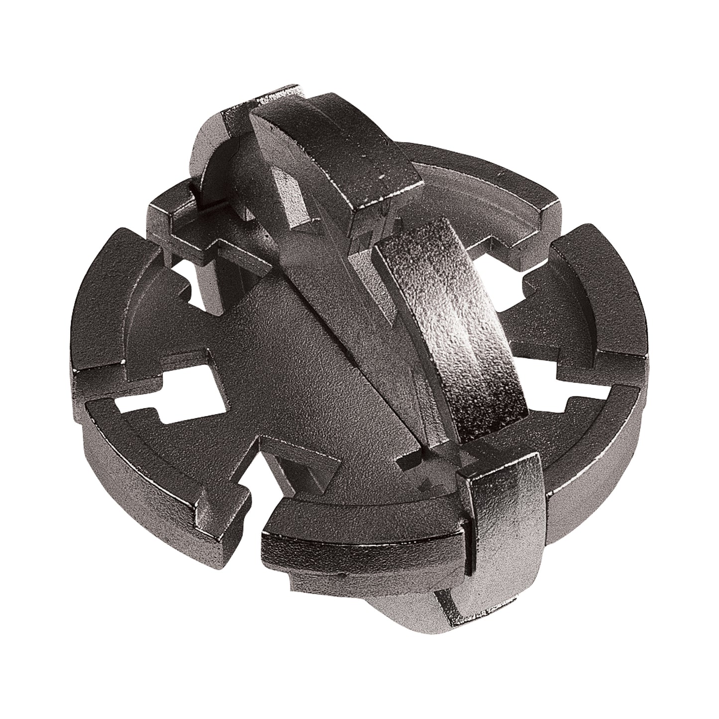 Hanayama Level 2 Cast Puzzle - Disk, interlocking metal pieces forming a spherical brain teaser on plain background