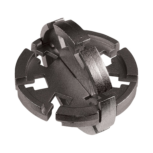 Hanayama Level 2 Cast Puzzle - Disk, interlocking metal pieces forming a spherical brain teaser on plain background