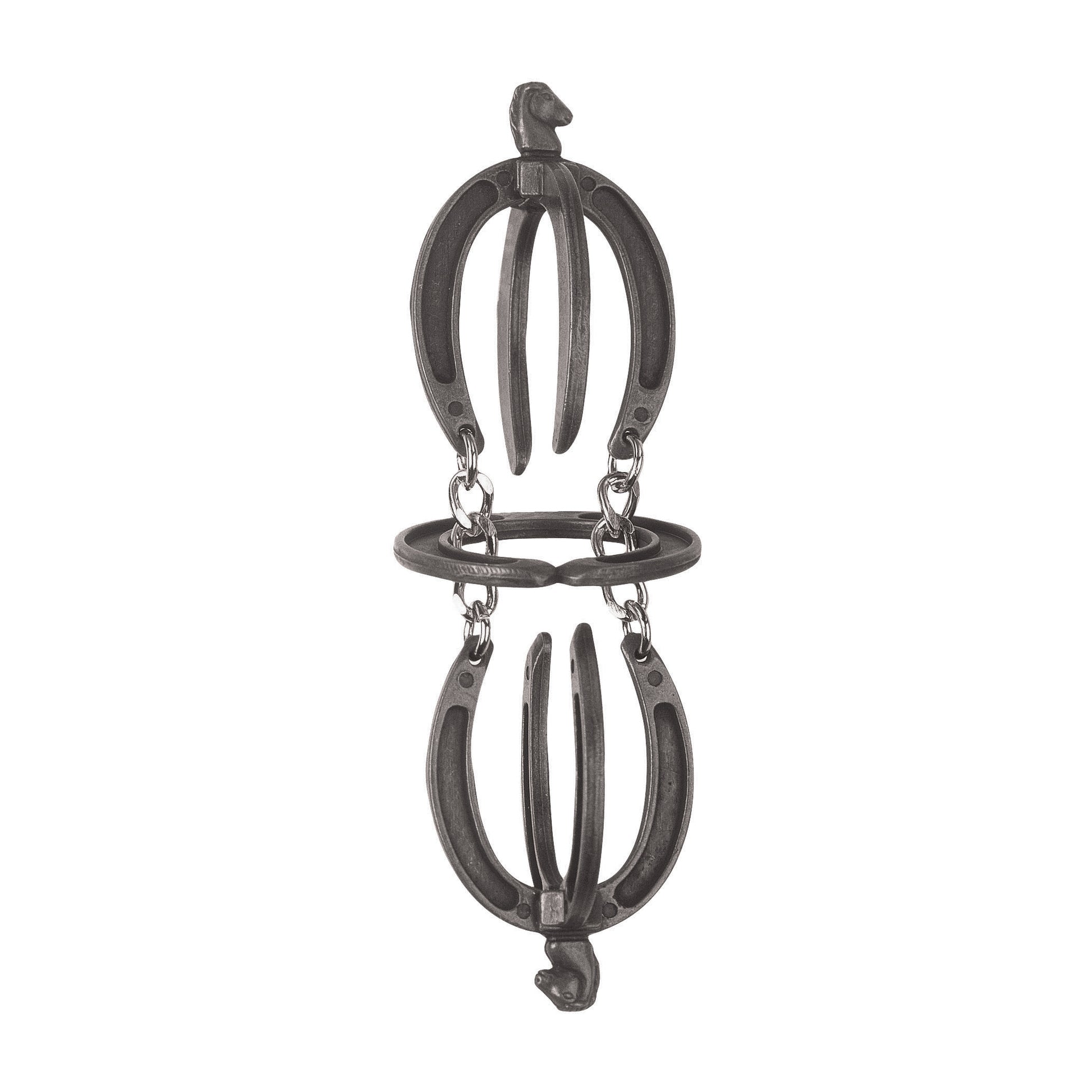 Hanayama Level 3 Cast Puzzle - W-U, interlocking metal rings with horse head finials connected by chains, displayed against a plain background