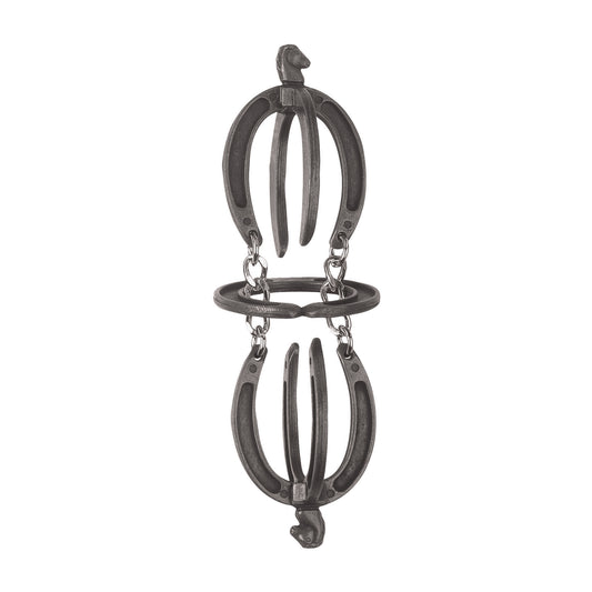 Hanayama Level 3 Cast Puzzle - W-U, interlocking metal rings with horse head finials connected by chains, displayed against a plain background
