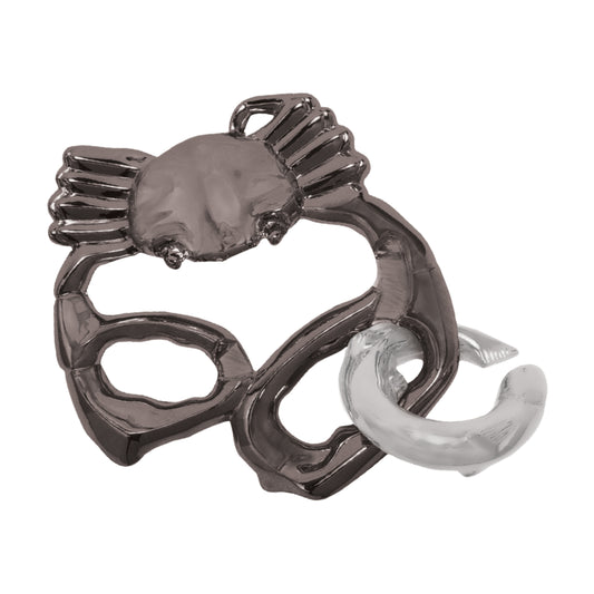 Hanayama Level 2 Cast Puzzle - Claw Challenge, metal interlocking puzzle with dark gray claw and white curved piece on plain background
