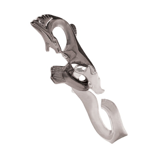 Hanayama Level 3 Cast Puzzle - Seahorse Challenge, interlocking metal puzzle pieces in silver and black forming a seahorse design