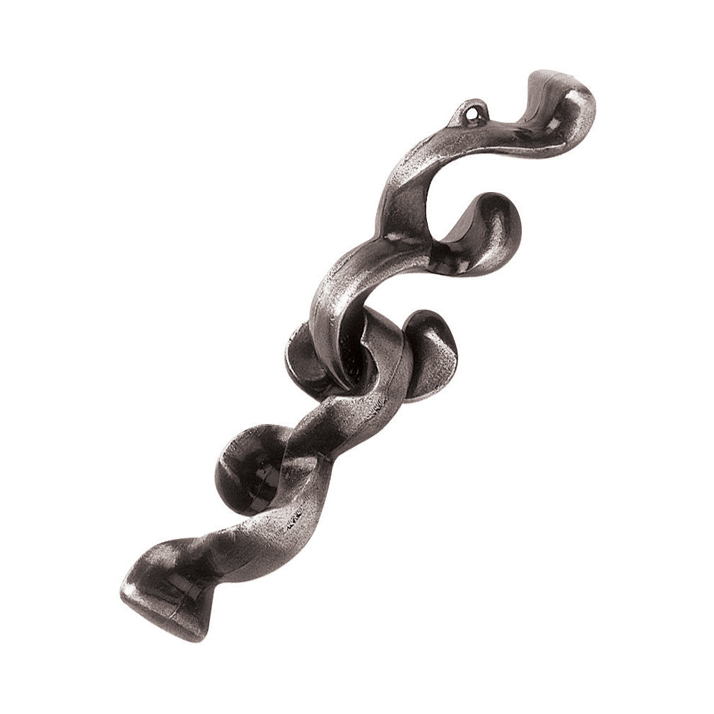 Hanayama Level 4 Cast Puzzle - Baroq, a interlocking metal puzzle with curved, spiral segments in dark gray, shown against a plain white background