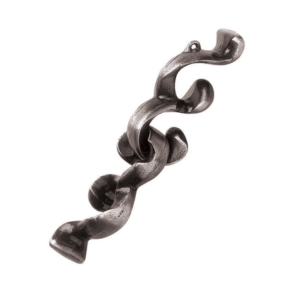 Hanayama Level 4 Cast Puzzle - Baroq, a interlocking metal puzzle with curved, spiral segments in dark gray, shown against a plain white background