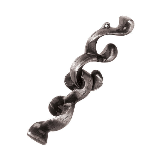 Hanayama Level 4 Cast Puzzle - Baroq, a interlocking metal puzzle with curved, spiral segments in dark gray, shown against a plain white background
