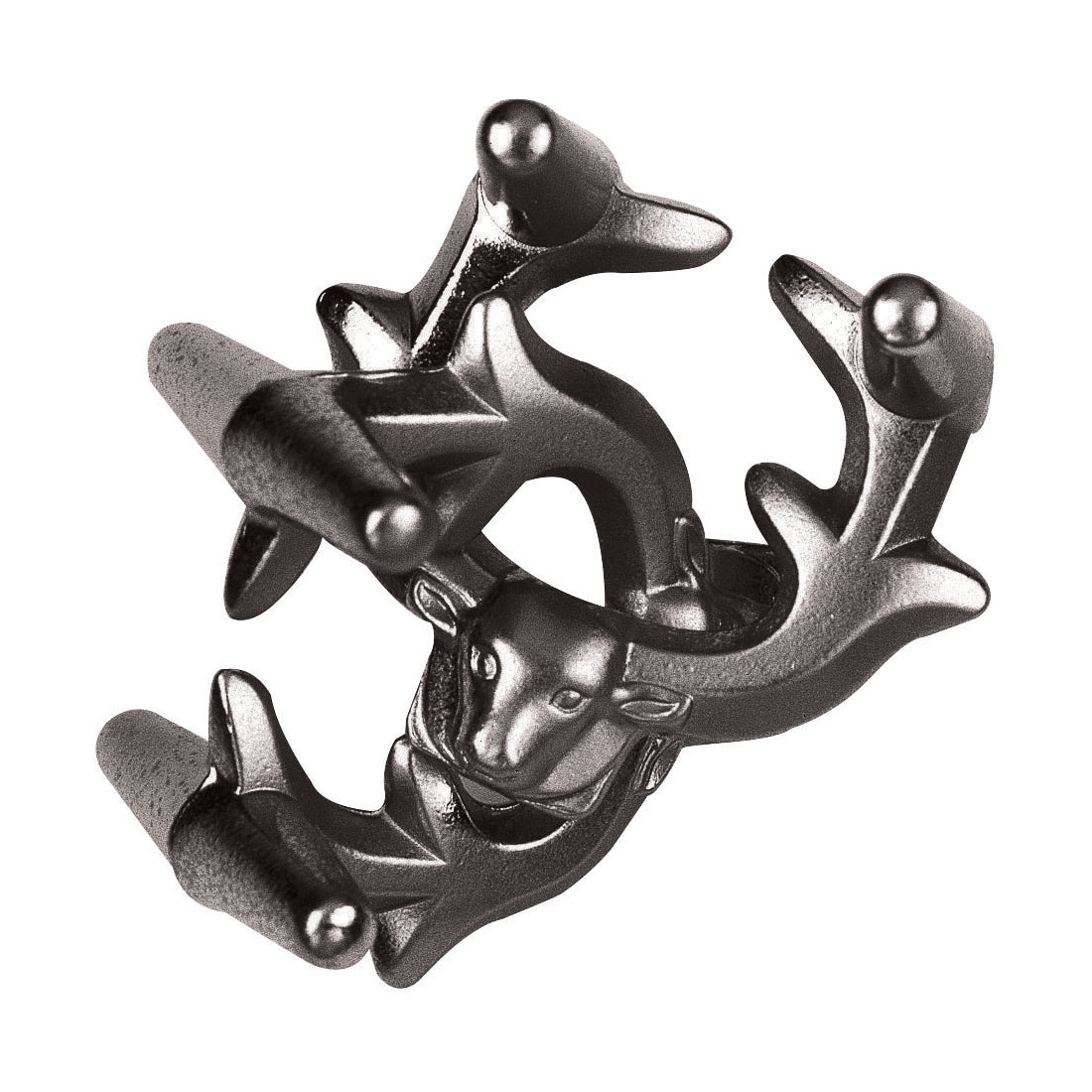 Hanayama Level 5 Cast Metal Brain Teaser Puzzle - Elk, interlocking metal pieces in black with spherical accents on plain background