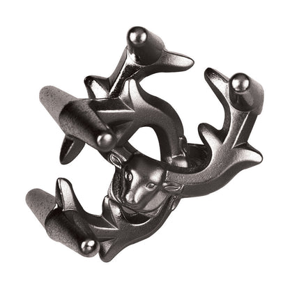 Hanayama Level 5 Cast Metal Brain Teaser Puzzle - Elk, interlocking metal pieces in black with spherical accents on plain background