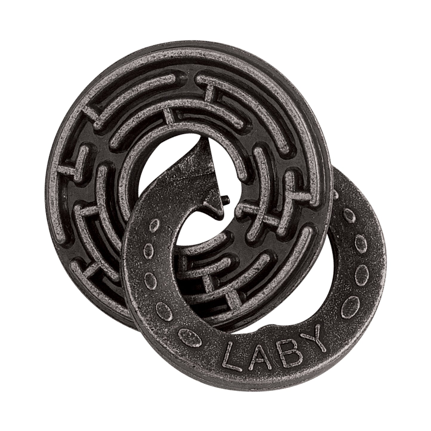 Hanayama Level 5 Cast Puzzle Labyrinth, dark metal interlocking rings with maze-like pathways and circular holes, shown on plain background
