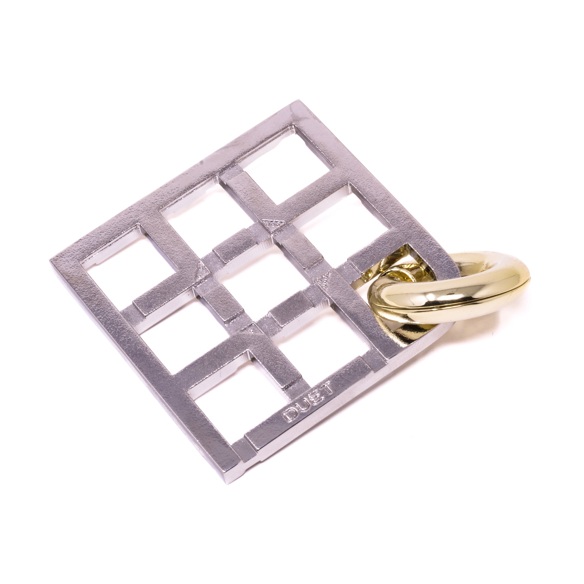 Hanayama Level 5 Cast Puzzle - Duet, a gray metal interlocking puzzle with gold-tone ring component on plain background